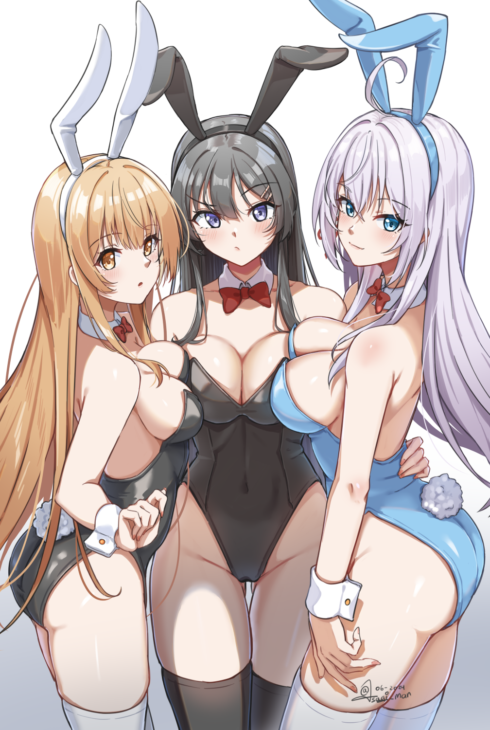 3girls, alisa_mikhailovna_kujou, animal_ears, black_hair, black_leotard, blue_eyes, blue_leotard, bow, bowtie, breast_press, breasts, commission, crossover, detached_collar, gradient_background, grey_hair, highres, large_breasts, leotard, light_brown_hair, long_hair, multiple_crossover, multiple_girls, otonari_no_tenshi-sama_ni_itsu_no_mani_ka_dame_ningen_ni_sarete_ita_ken, pixiv_commission, playboy_bunny, purple_eyes, rabbit_ears, rabbit_tail, red_eyes, sakurajima_mai, seishun_buta_yarou, shiina_mahiru_(otonari_no_tenshi-sama), strapless, strapless_leotard, sundajin_asagi, tail, thighhighs, tokidoki_bosotto_roshia-go_de_dereru_tonari_no_alya-san, white_background, white_thighhighs, wrist_cuffs, yellow_eyes