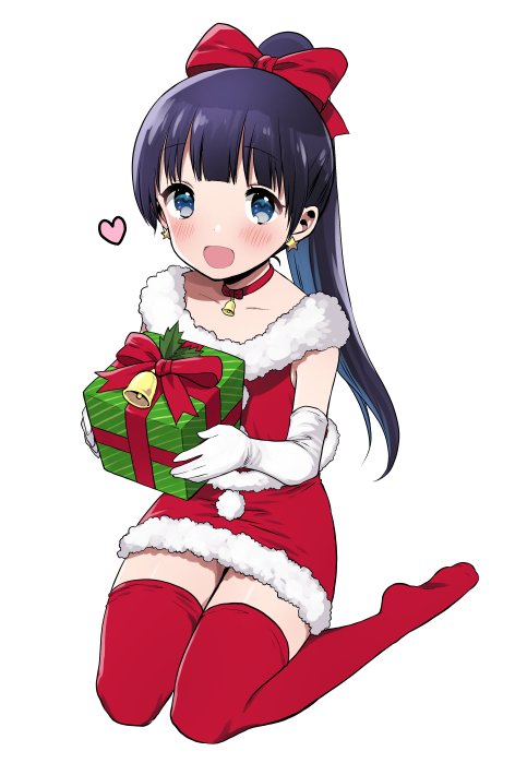 1girl, bell, black_hair, blush, bow, choker, choppy_bangs, christmas
