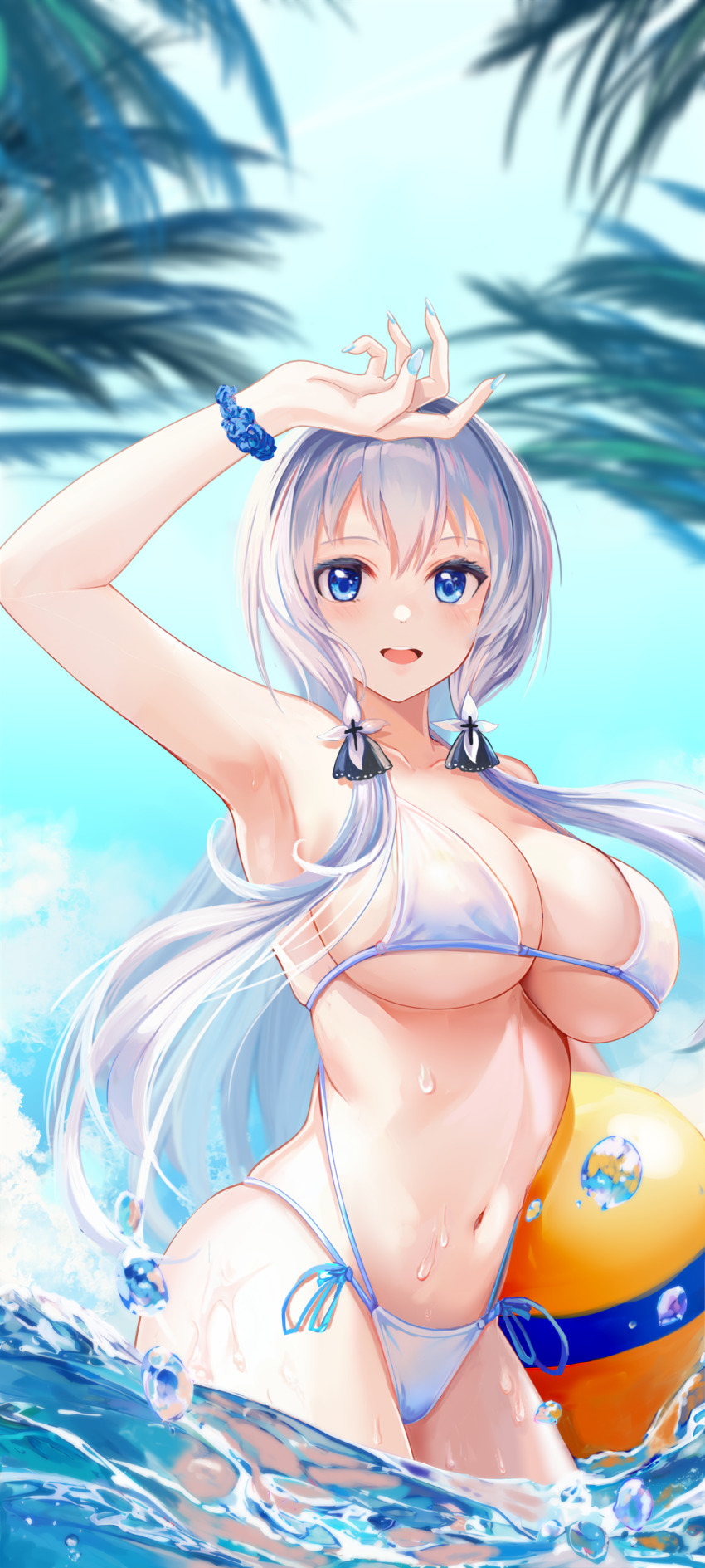 1girl, absurdres, alternate_costume, azur_lane, ball, beachball, bikini, blue_eyes