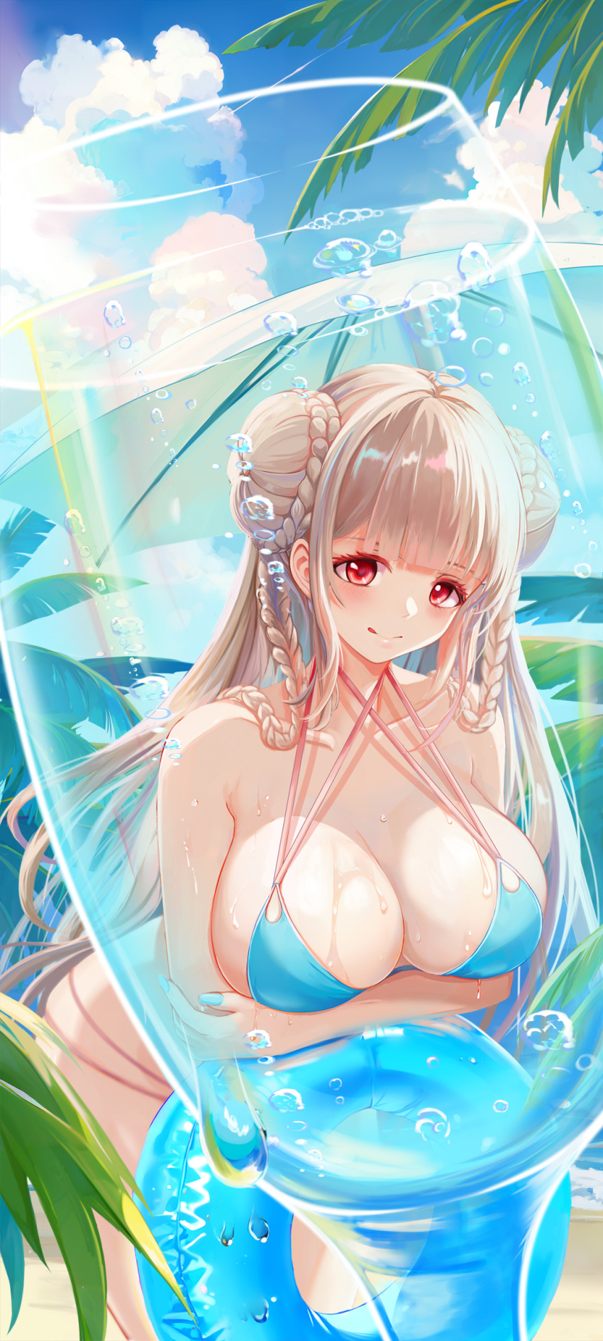 1girl, absurdres, aqua_bikini, aqua_nails, arms_under_breasts, azur_lane, beach, bikini, braid, braided_bun, breasts, choker, cleavage, cloud, collarbone, criss-cross_halter, day, double_bun, e^(in)+1=0, formidable_(azur_lane), formidable_(the_lady_of_the_beach)_(azur_lane), hair_bun, halterneck, highres, innertube, large_breasts, long_hair, looking_at_viewer, multi-strapped_bikini_bottom, multi-strapped_bikini_top, nail_polish, official_alternate_costume, outdoors, palm_tree, pink_choker, red_eyes, sand, solo, swim_ring, swimsuit, tree, very_long_hair, water, wet