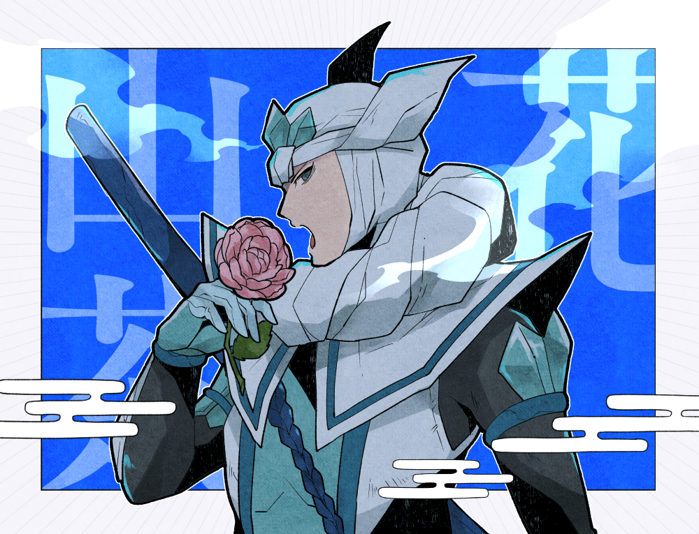 1other, aqua_eyes, aqua_gloves, blue_background, border, crtr_melco, flower, from_side