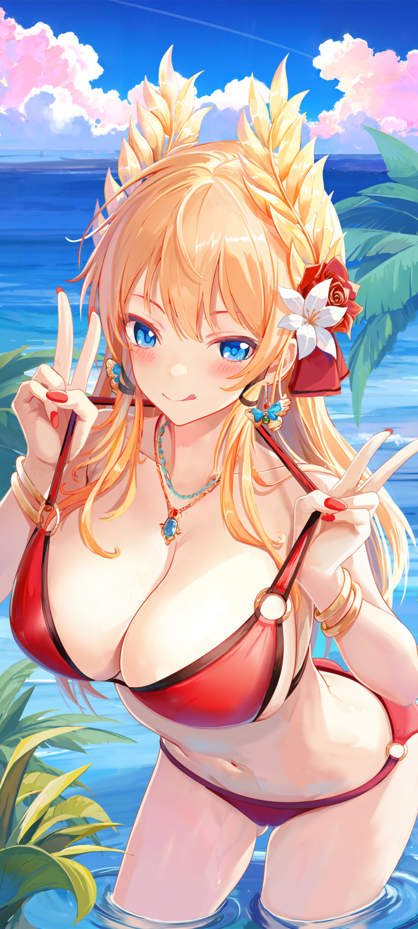 1girl, absurdres, alternate_costume, azur_lane, bikini, blonde_hair, blue_eyes, blue_gem
