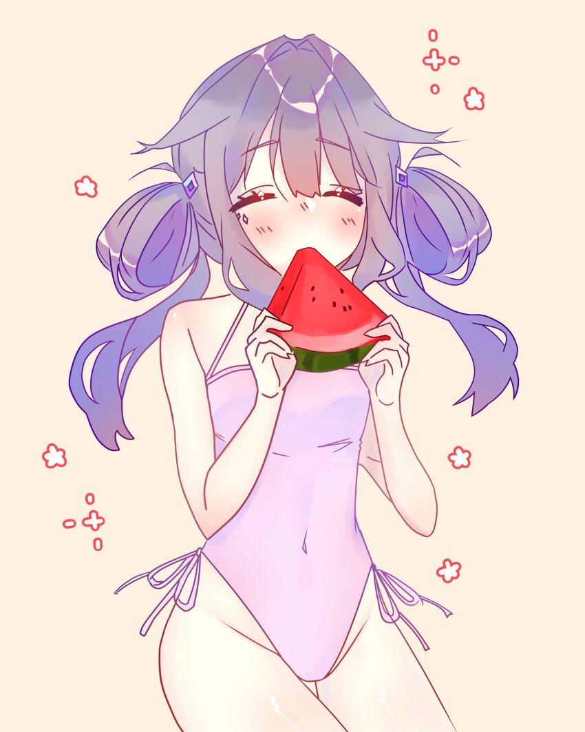 1girl, absurdres, blush, closed_eyes, eating, food, fruit, hair_flaps