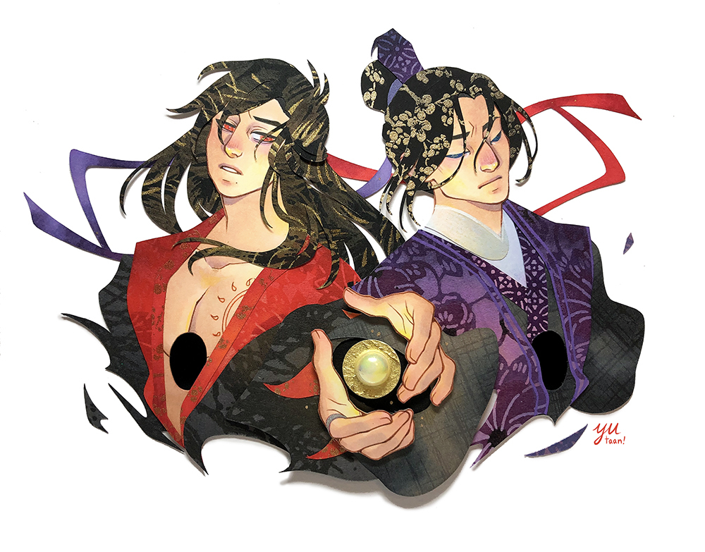 2boys, black_hair, black_hanfu, chinese_clothes, closed_eyes, floral_print, frown, golden_core, hair_bun, hair_ribbon, hanfu, hole_in_chest, hole_on_body, jiang_cheng, long_hair, male_focus, mixed_media, modao_zushi, multiple_boys, object_floating_above_hand, paper_cutout_(medium), papercraft_(medium), purple_hanfu, purple_ribbon, red_eyes, red_hanfu, red_ribbon, ribbon, ribboned_xiao_guan, scar, scar_on_chest, simple_background, single_hair_bun, spoilers, unconventional_media, upper_body, wei_wuxian, white_background, xiao_guan_(headdress), yutaan