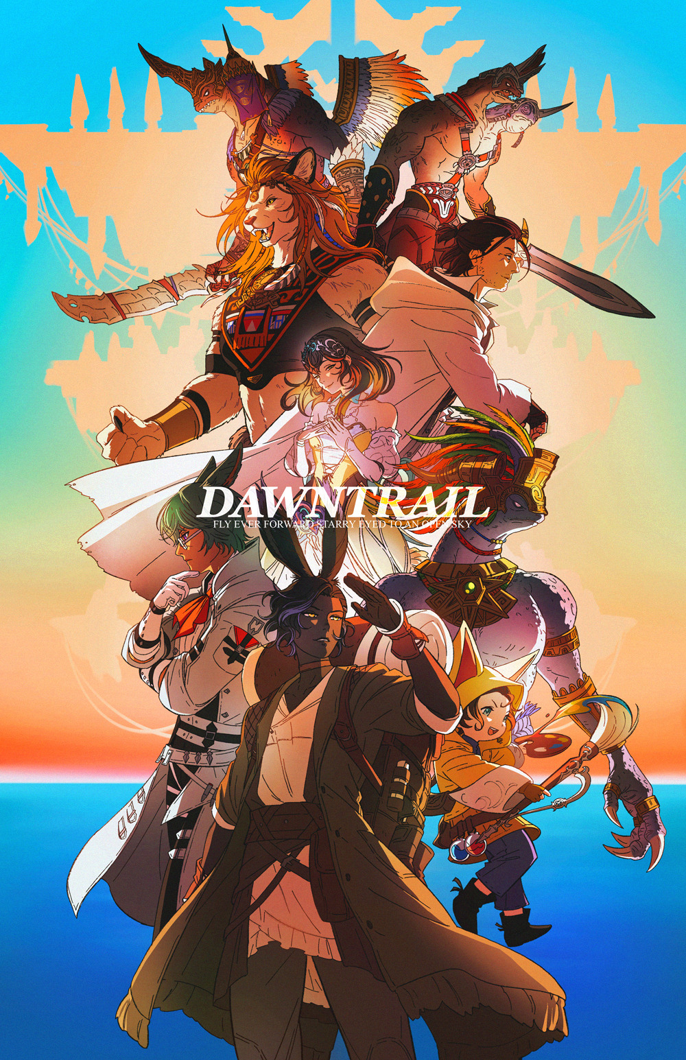 3girls, 6+boys, adventurer_(ff14), animal_hood, bakool_ja_ja, cat_hood, coat, copyright_name