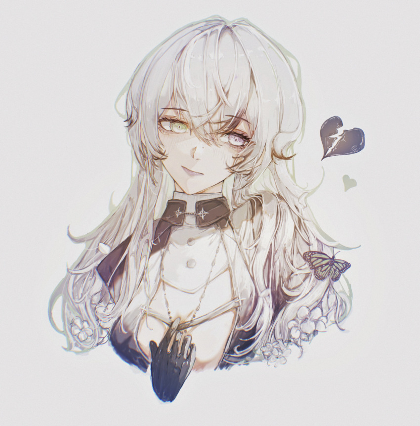 1girl, black_dress, black_gloves, broken_heart, bug, butterfly, center_opening, chironoliver