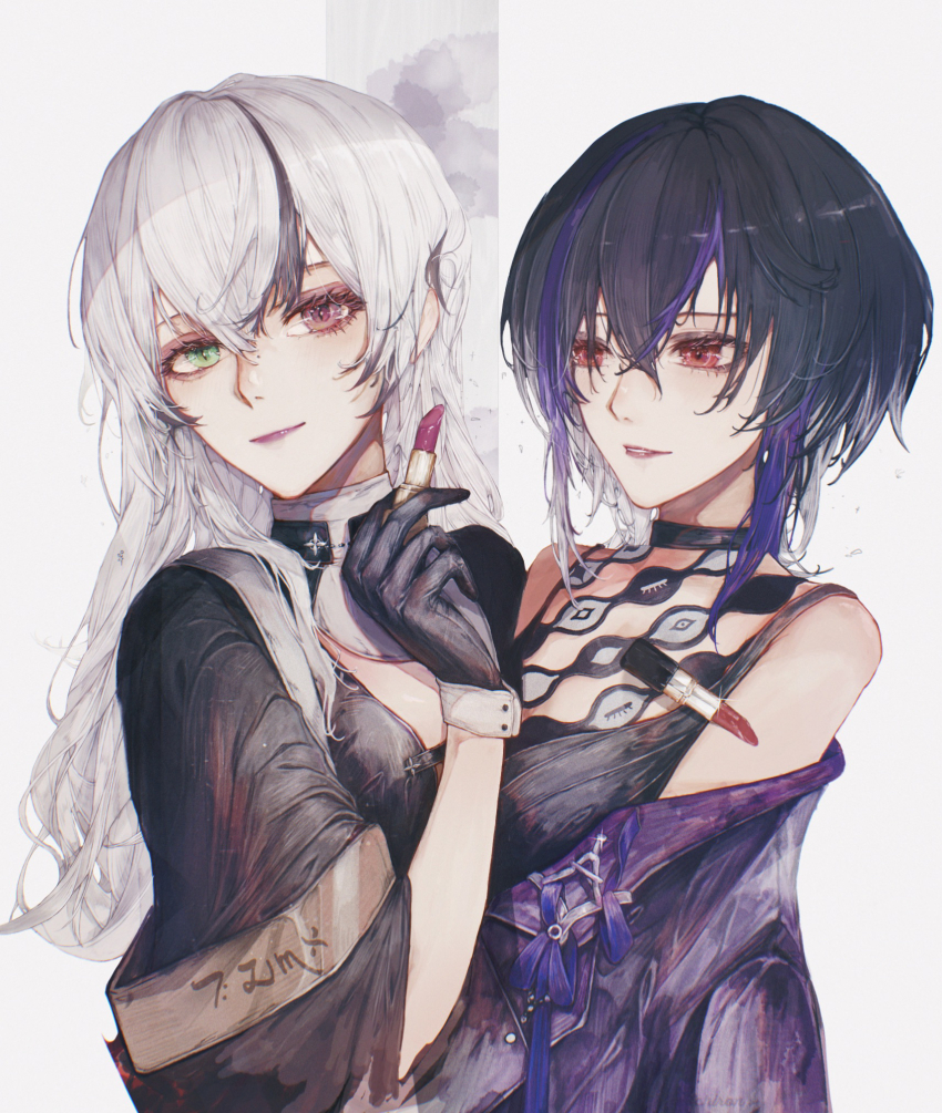 2girls, bare_shoulders, black_dress, black_gloves, black_hair, breasts, chironoliver, cosmetics