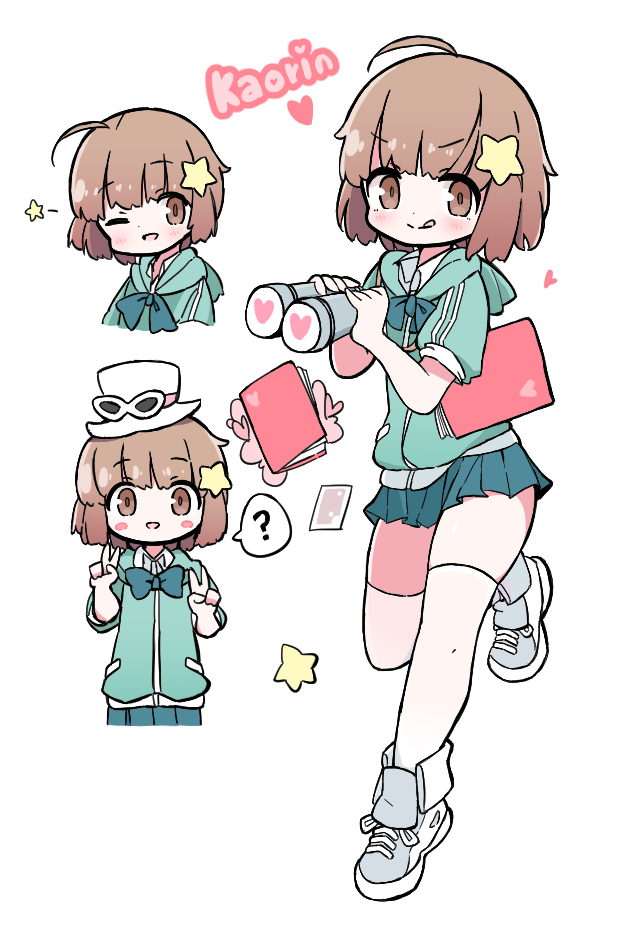 1girl, ?, bemani, binoculars, blue_bow, blue_bowtie, blue_hoodie, blue_skirt, blush, blush_stickers, book, bow, bowtie, brown_eyes, brown_hair, hat, holding, holding_binoculars, hood, hood_down, hoodie, kaorin_(pop'n_music), kiosk_(artist), licking_lips, multiple_views, one_eye_closed, open_mouth, pleated_skirt, pop'n_music, shoes, skirt, sneakers, spoken_question_mark, star_(symbol), thighhighs, tongue, tongue_out, white_footwear, white_hat, white_thighhighs