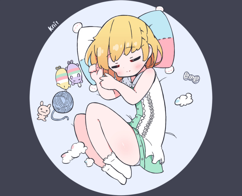 1girl, bemani, blonde_hair, blush, closed_eyes, closed_mouth, dress, flat_chest