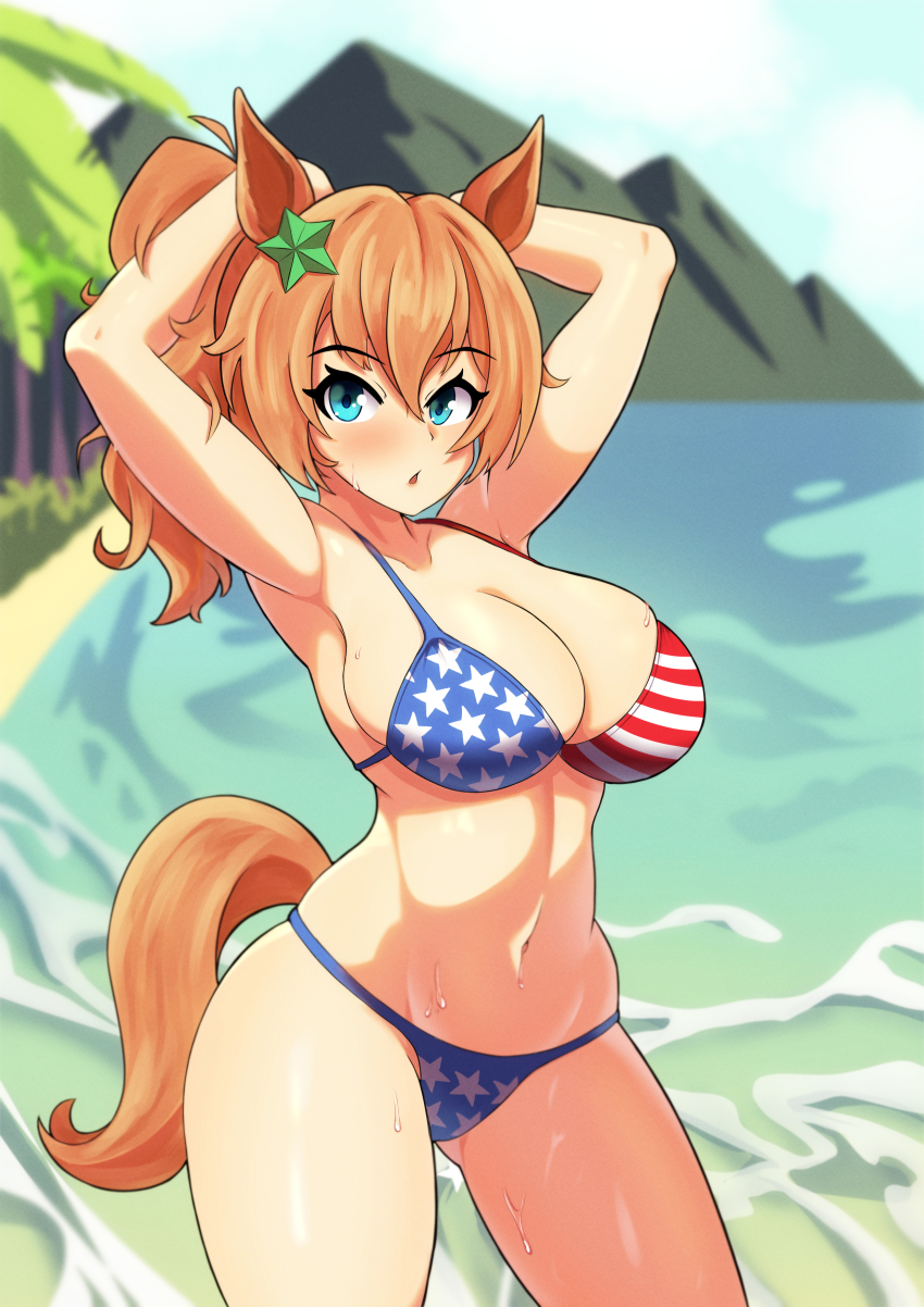 1girl, absurdres, american_flag, american_flag_bikini, american_flag_print, animal_ears, armpits, arms_behind_head