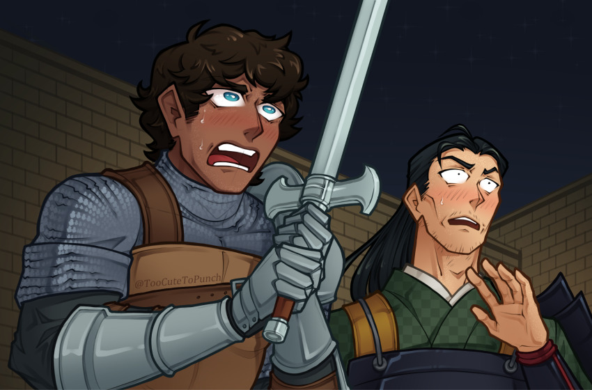 2boys, :o, armor, artist_name, black_eyes, black_hair, blue_eyes, blush