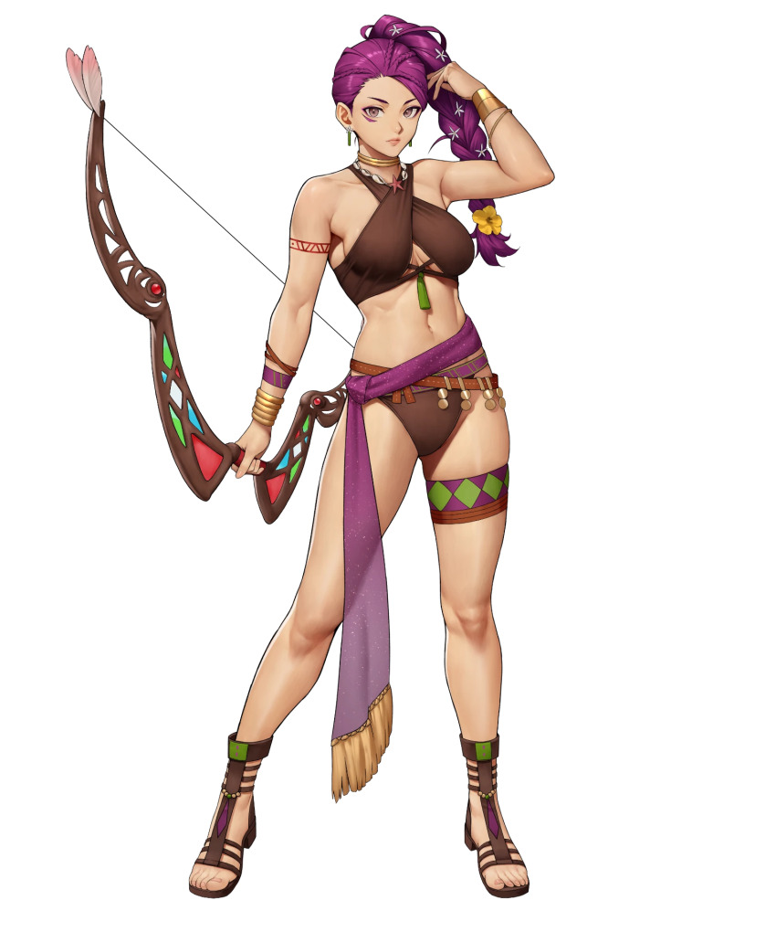 1girl, alternate_costume, bare_shoulders, bikini, bow_(weapon), bracelet, braid, breasts, brown_bikini, brown_sandals, dark-skinned_female, dark_skin, earrings, facial_mark, female_focus, fire_emblem, fire_emblem:_three_houses, fire_emblem_heroes, flower, full_body, gladiator_sandals, hair_flower, hair_ornament, highres, holding, holding_bow_(weapon), holding_weapon, jewelry, large_breasts, long_hair, navel, necklace, nintendo, non-web_source, official_alternate_costume, official_art, petra_macneary, petra_macneary_(summer), ponytail, purple_hair, sandals, simple_background, skindentation, solo, standing, swimsuit, tan, thigh_strap, third-party_source, toes, weapon, white_background, yoshio_(55level)