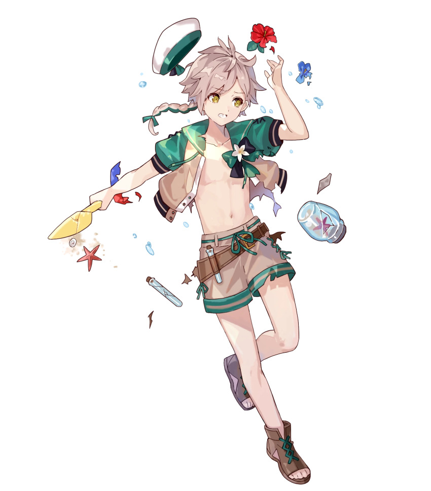 1boy, braid, clanne_(fire_emblem), clanne_(summer)_(fire_emblem), clenched_teeth, damaged, fire_emblem, fire_emblem_engage