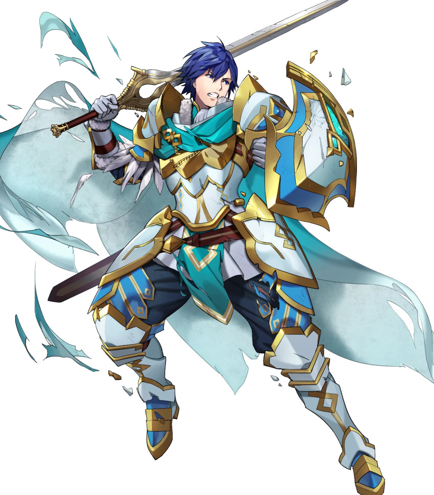 1boy, armor, blue_cape, blue_eyes, blue_hair, broken_armor, broken_shield, cape