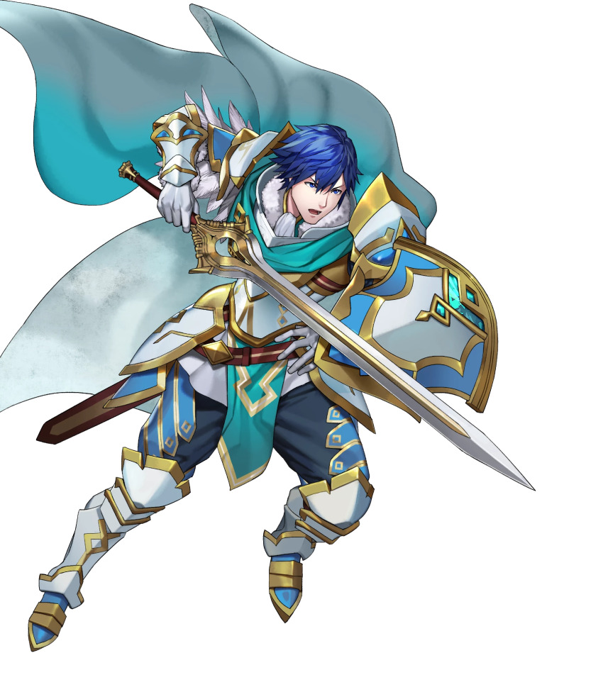 1boy, armor, attack, blue_cape, blue_eyes, blue_hair, cape, chrom_(fire_emblem)
