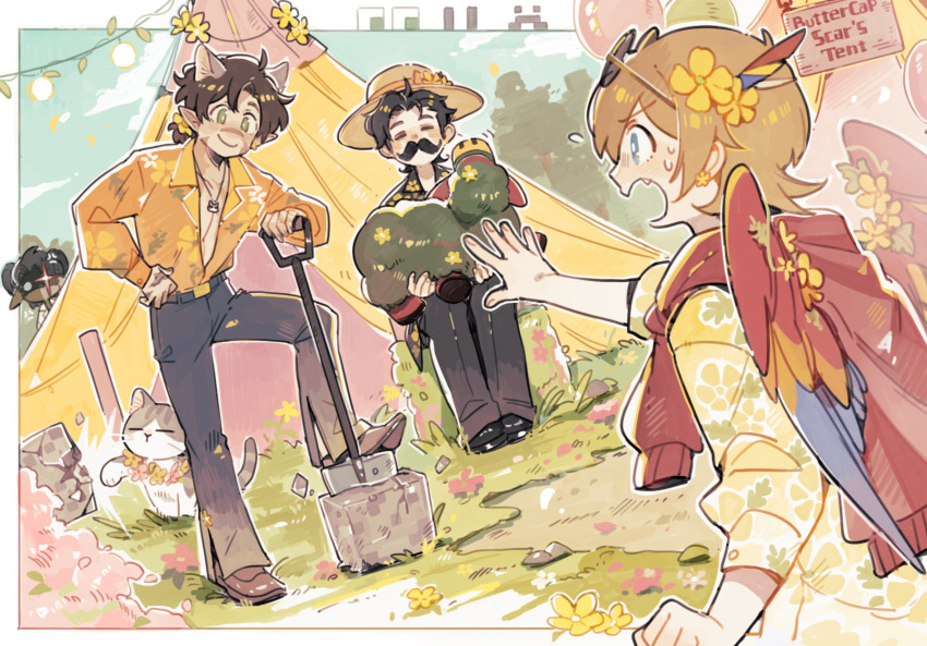 4boys, animal_ears, bird_boy, bird_wings, cat, cat_boy, cat_ears, creature, docm77, english_text, extra_ears, facial_hair, goat_boy, goodtimeswithscar, grian_(youtuber), hat, hermitcraft, highres, jellie_(hermitcraft), luminous_slime, male_focus, minecraft, minecraft_youtube, multiple_boys, mumbo_jumbo_(youtuber), mustache, nervous, open_mouth, outdoors, peeking, pointy_ears, shovel, sign, sitting, slice_of_life, sniffer_(minecraft), sweat, sweater, tent, unworn_sweater, wings