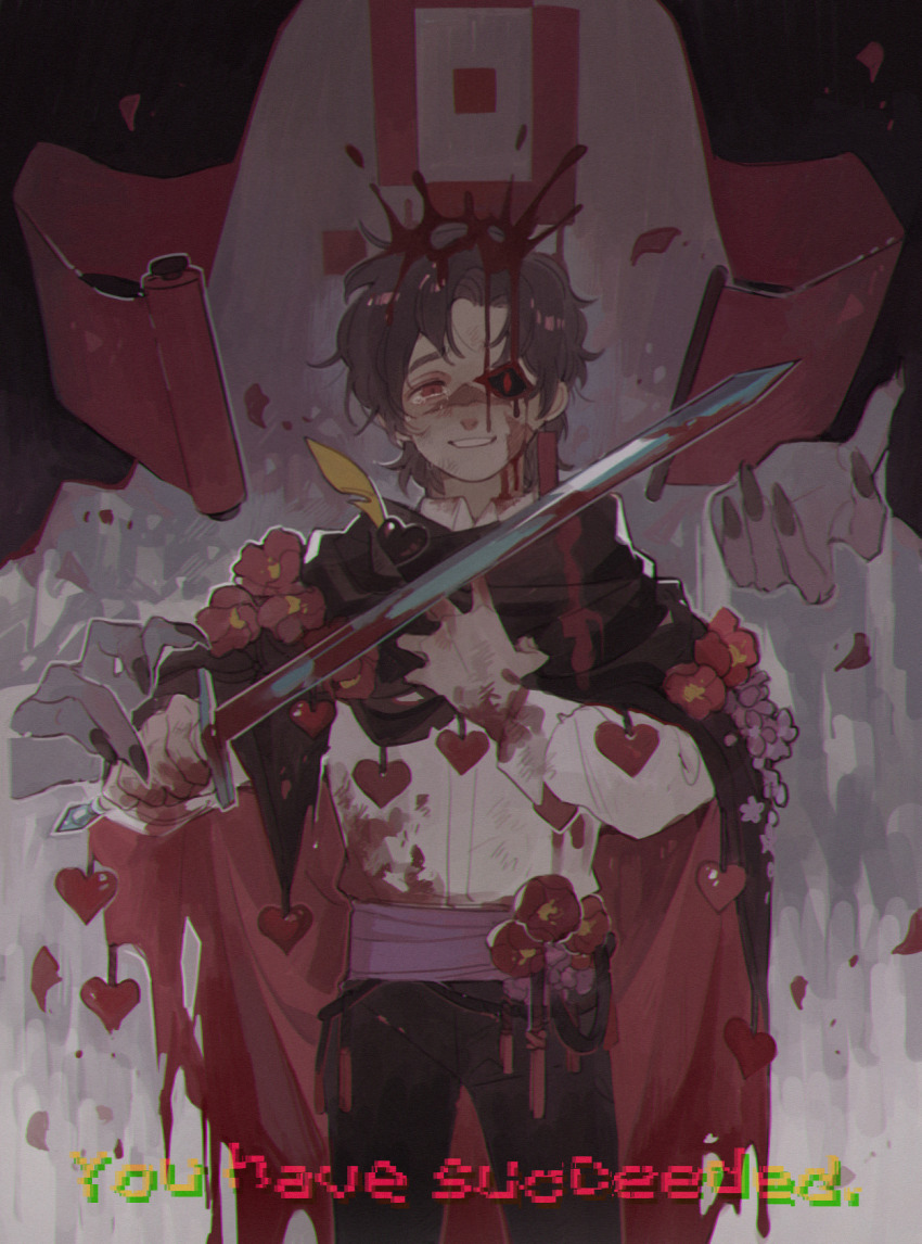 1boy, blood, brown_hair, cape, english_text, glitch, goodtimeswithscar, heart