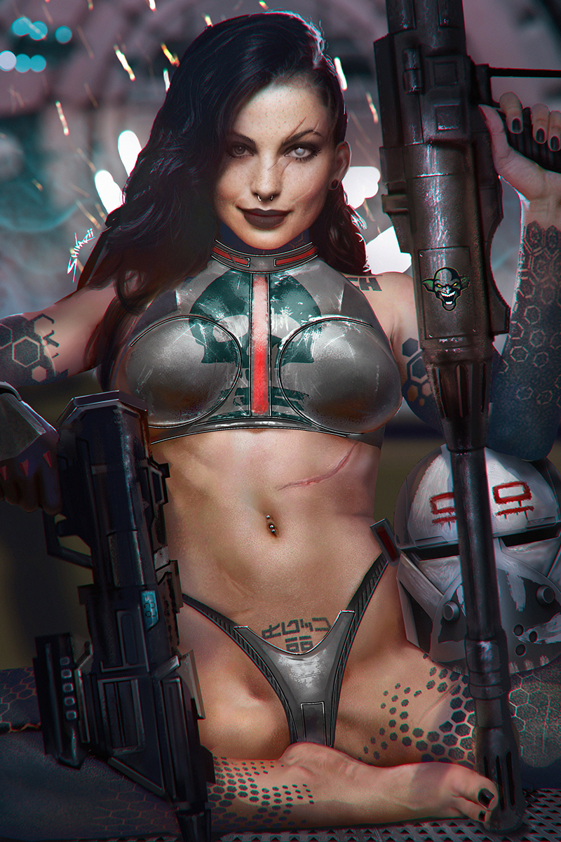 1girl, asymmetrical_hair, barefoot, black_hair, black_nails, face_piercing, genderswap, genderswap_(mtf)