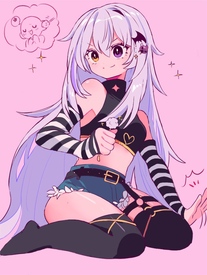 1boy, bare_shoulders, belt, black_thighhighs, blue_shorts, commentary, crop_top, cutoffs