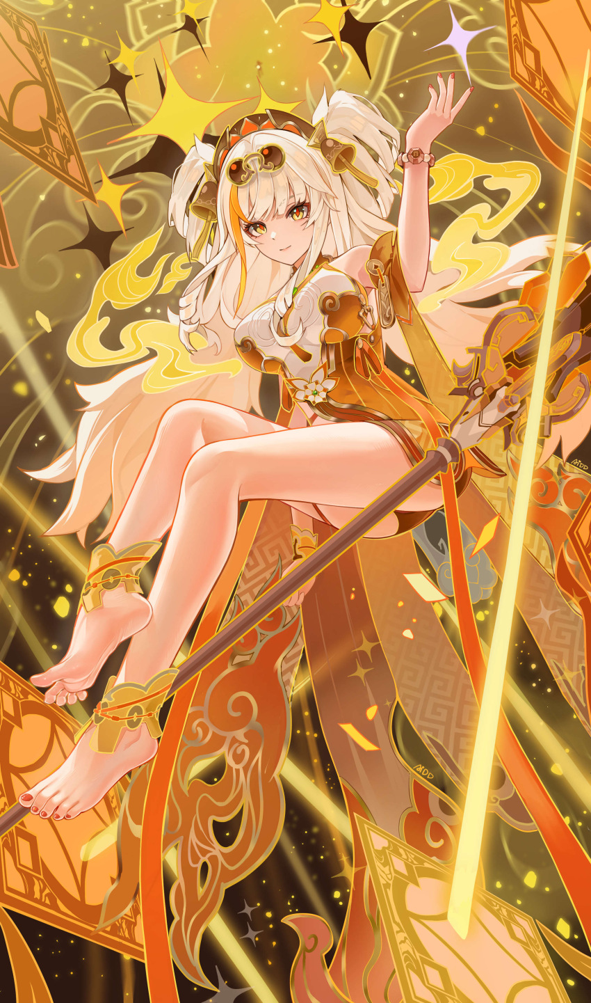 1girl, absurdres, ai_dongdong, anklet, ass, bare_legs, barefoot, blonde_hair