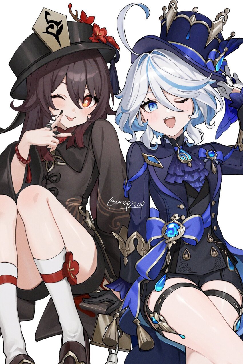 2girls, ascot, asymmetrical_gloves, bead_bracelet, beads, black_footwear, black_gloves, black_hat