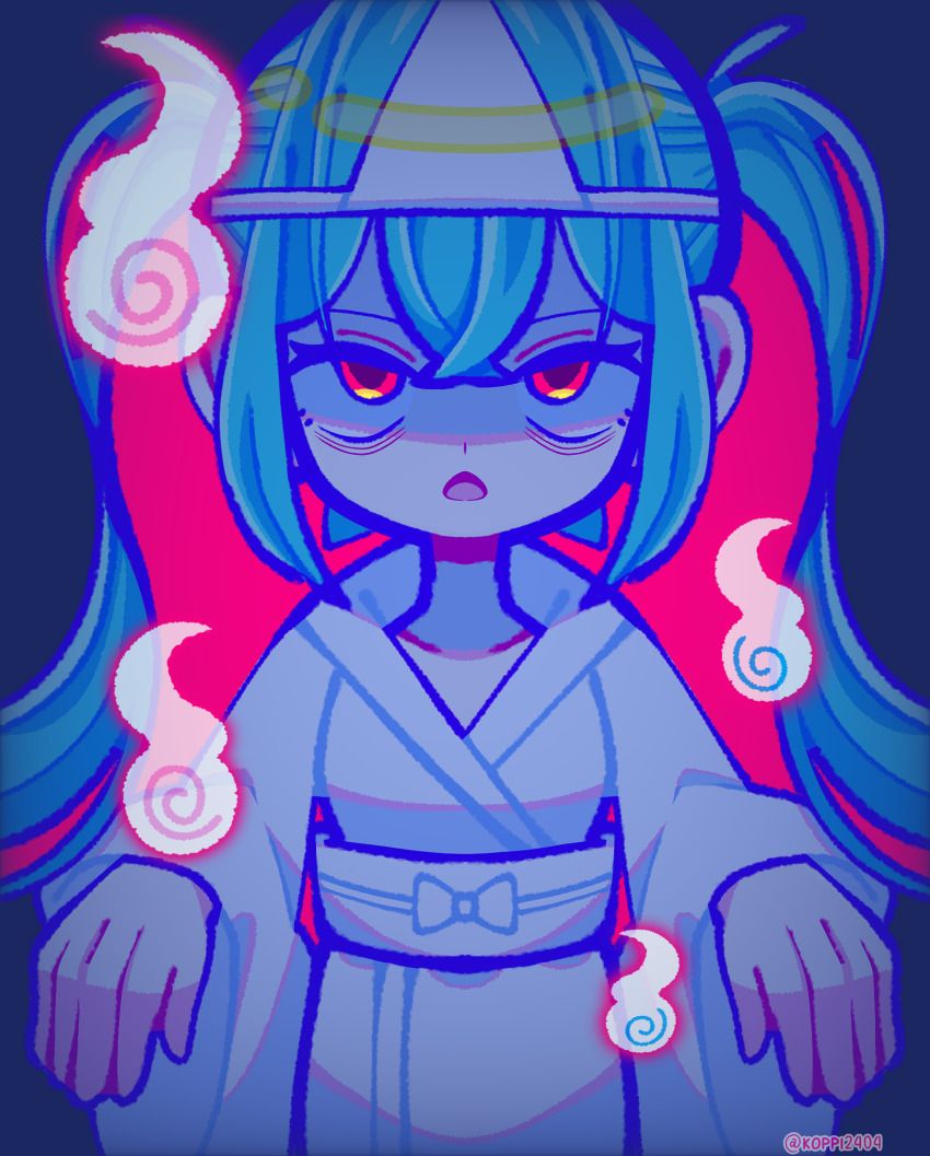 1girl, aqua_hair, artist_name, blue_background, colored_inner_hair, commentary, english_commentary, facing_viewer, ghost_girl, halloween, hatsune_miku, highres, hitodama, ibispaint_(medium), japanese_clothes, kimono, koppi2404, long_hair, long_sleeves, looking_up, multicolored_hair, open_mouth, outstretched_arms, pink_hair, red_eyes, sidelocks, simple_background, solo, spooky_(shojs), straight-on, twintails, twitter_username, upper_body, vocaloid, white_kimono, wide_sleeves