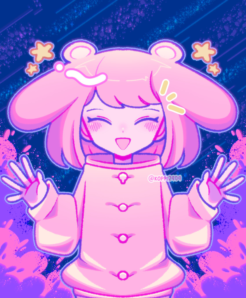 1girl, ^_^, alternate_color, closed_eyes, commentary, english_commentary, facing_viewer, hands_up