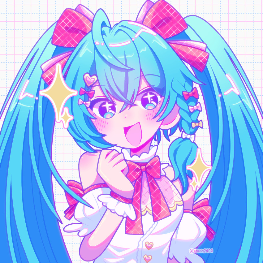 +_+, 1girl, ahoge, aqua_eyes, aqua_hair, bare_shoulders, blush, bow