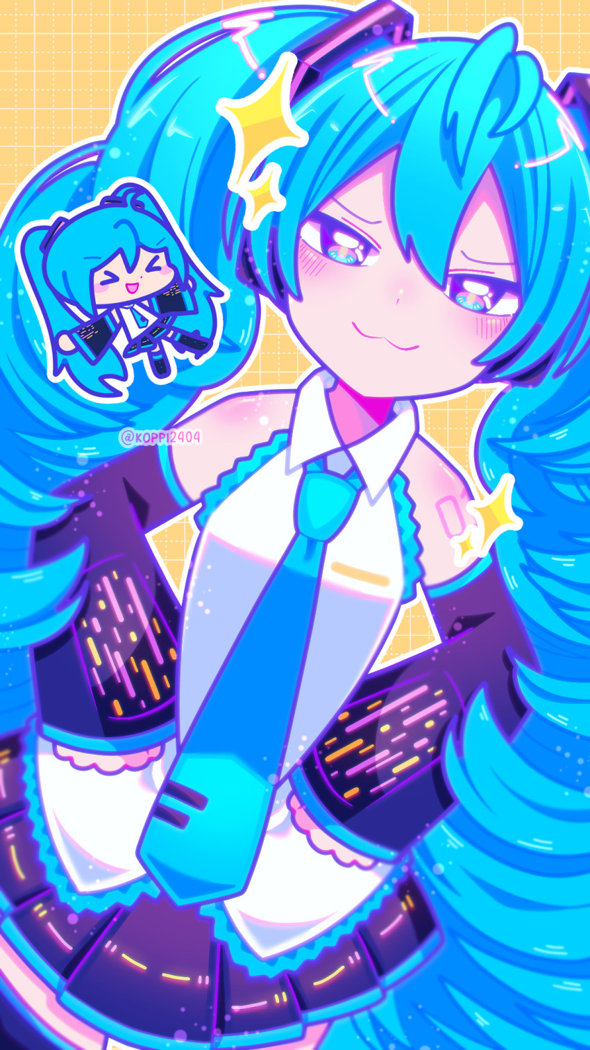 1girl, aqua_eyes, aqua_hair, aqua_necktie, black_sleeves, blush, chibi, chibi_inset, closed_mouth, collared_shirt, commentary, cowboy_shot, derivative_work, detached_sleeves, english_commentary, hair_between_eyes, hair_ornament, hatsune_miku, headphones, highres, ibispaint_(medium), koppi2404, long_hair, long_sleeves, looking_at_viewer, miniskirt, multicolored_eyes, necktie, number_tattoo, pink_eyes, pleated_skirt, shirt, shoulder_tattoo, simple_background, skirt, sleeveless, sleeveless_shirt, smile, smug, solo, sparkle, standing, tattoo, twintails, very_long_hair, vocaloid, white_shirt, yellow_background