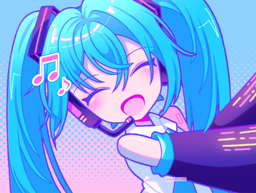 1girl, aqua_hair, aqua_necktie, black_sleeves, blue_background, blush, closed_eyes, collared_shirt