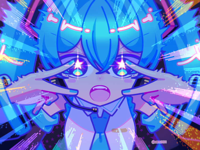 1girl, aqua_eyes, aqua_hair, aqua_nails, black_sleeves, blush_stickers, collared_shirt, commentary, double-parted_bangs, double_v, english_commentary, hair_between_eyes, hatsune_miku, highres, ibispaint_(medium), koppi2404, long_hair, long_sleeves, looking_at_viewer, m@gical_cure!_love_shot!_(vocaloid), meme, miku_miku_beaaaam!!_(meme), nail_polish, open_mouth, pop_art, shirt, solo, star-shaped_pupils, star_(symbol), straight-on, symbol-shaped_pupils, twintails, twitter_username, upper_body, v, v_over_eye, vocaloid, watermark, white_shirt