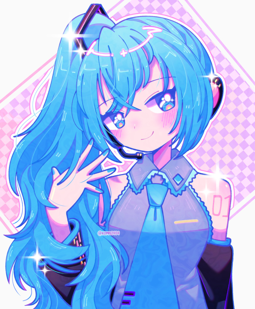 1girl, alternate_hairstyle, aqua_eyes, aqua_hair, aqua_nails, aqua_necktie, bare_shoulders, black_sleeves