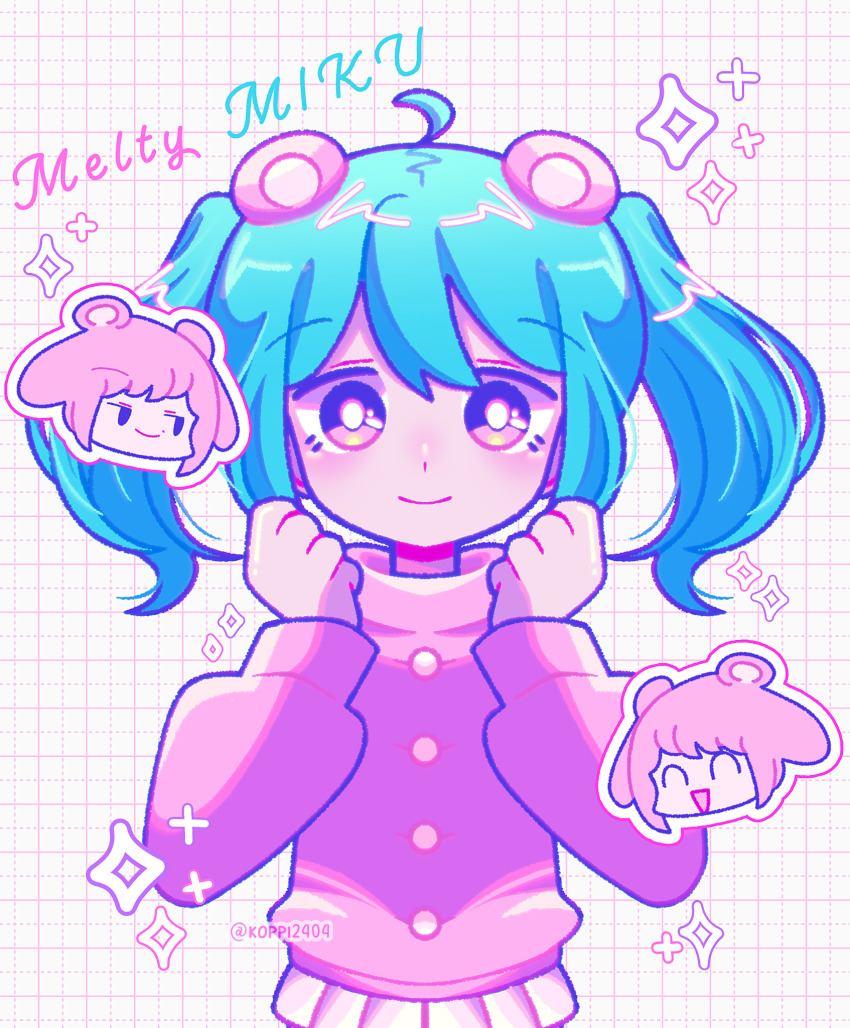 2girls, ahoge, aqua_hair, chibi, chibi_inset, closed_mouth, grid_background, hands_up, hatsune_miku, highres, ibispaint_(medium), koppi2404, long_sleeves, looking_at_viewer, medium_hair, melty_land_nightmare_(vocaloid), multiple_girls, pink_eyes, pink_shirt, shirt, simple_background, smile, solo, sparkle, twintails, twitter_username, upper_body, vocaloid, watermark, white_background