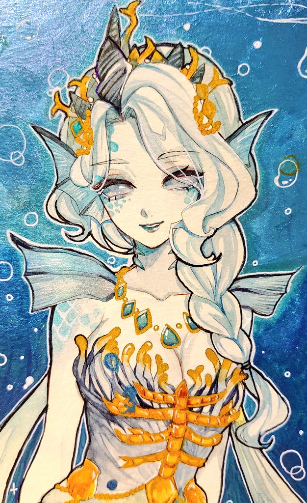 1girl, blue_dress, blue_eyes, blue_lips, blue_scales, braid, breasts, bubble, cleavage, colored_skin, commentary_request, dress, fins, gills, gold_necklace, gold_tiara, grace_(halberd_of_silence)_(identity_v), grace_(identity_v), head_fins, identity_v, jewelry, long_hair, medium_breasts, mermaid, monster_girl, necklace, noyasu1016, painting_(medium), parted_lips, smile, solid_eyes, solo, traditional_media, underwear, watercolor_(medium), white_hair, white_skin