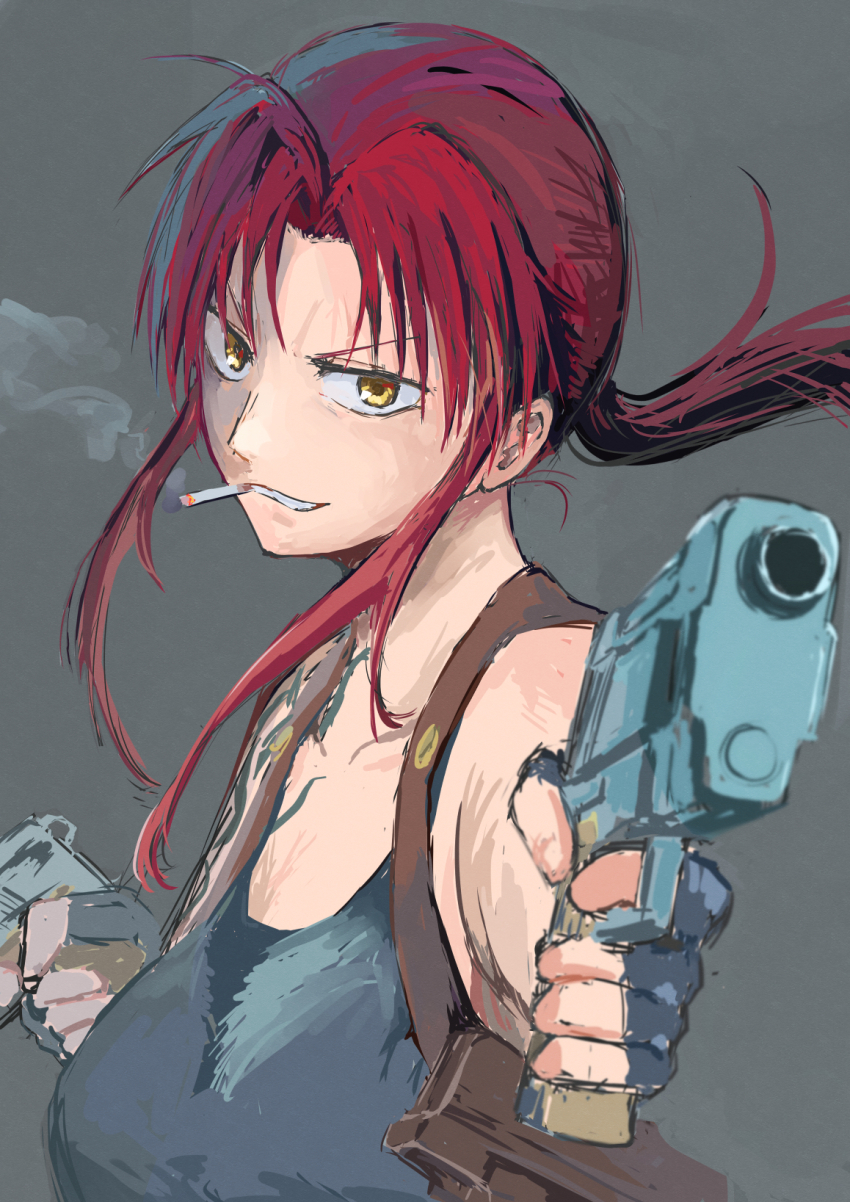 aiming, aiming_at_viewer, black_lagoon, blurry, blurry_foreground, breasts, cigarette, evil_grin