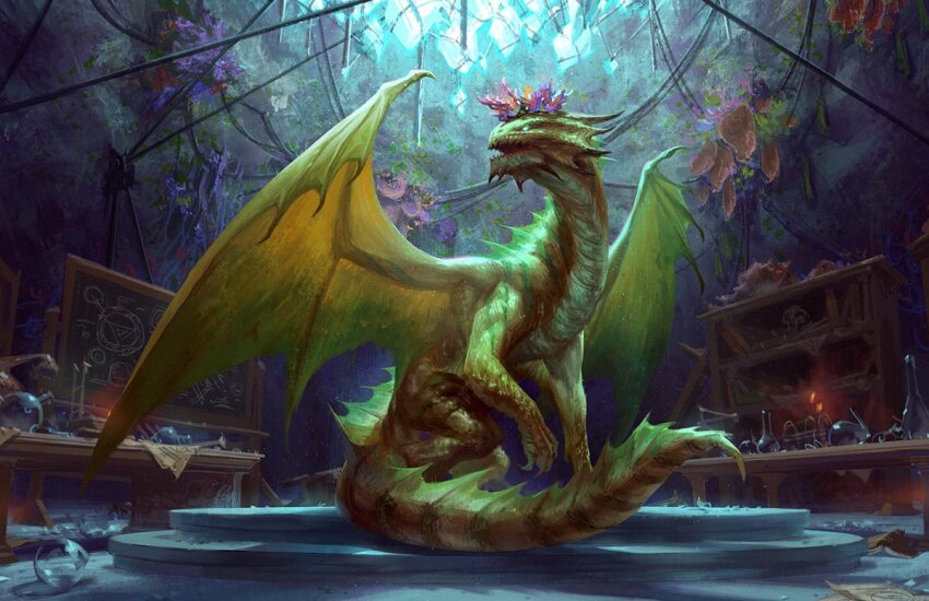 andrewkmar, animal_focus, bookshelf, bronze_dragon_(d&amp;d), chalkboard, dragon, flask, full_body