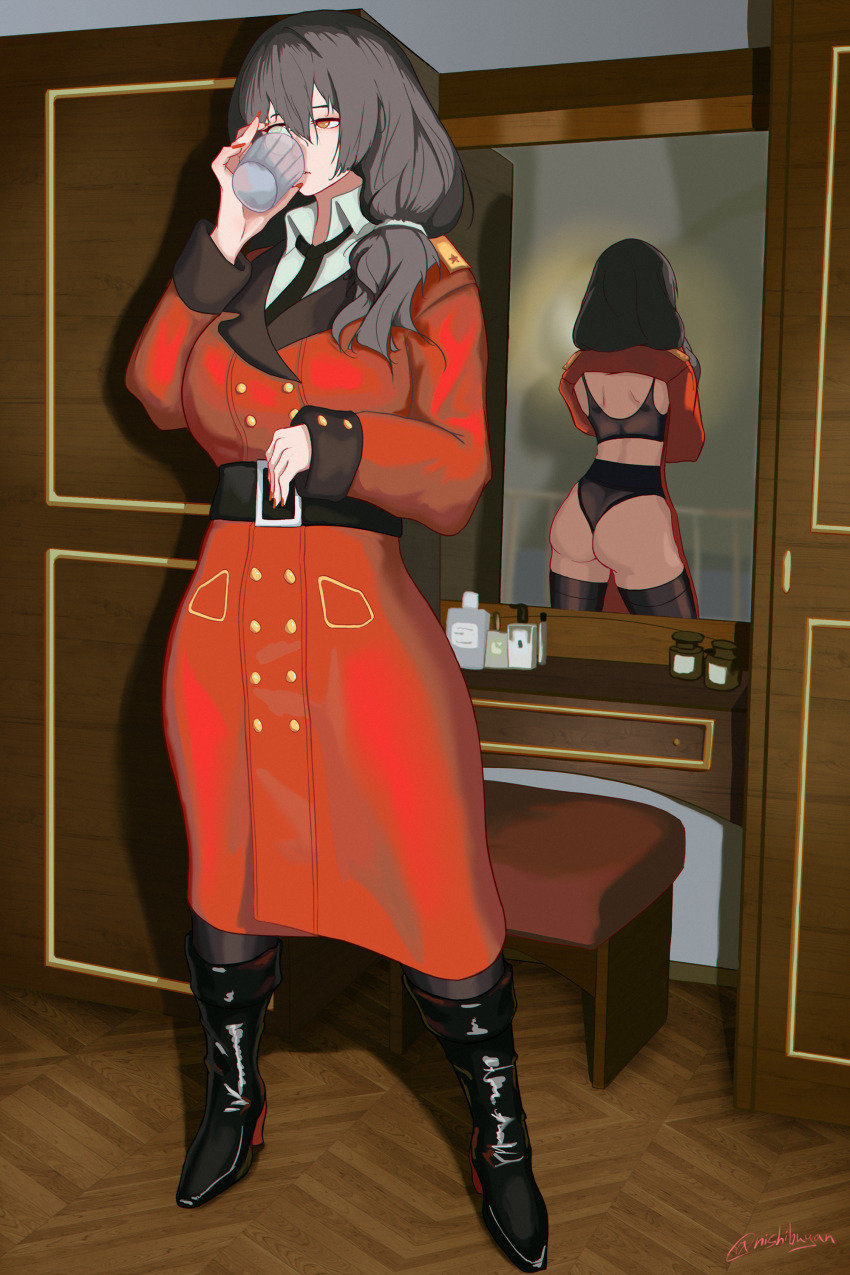 absurdres, back_view_in_reflection, boots, bra, coat, cup, girls'_frontline, grey_hair, griffin_&amp;_kryuger_military_uniform, helianthus_(girls'_frontline), highres, holding, holding_cup, leather, leather_boots, mirror, monocle, nail_polish, necktie, nishibuya, panties, red_coat, reflection, scrunchie, thighhighs, twitter_username, underwear