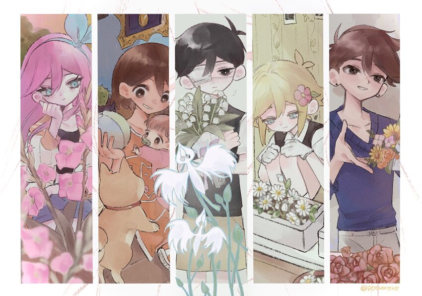 2girls, 4boys, aubrey_(faraway)_(omori), aubrey_(omori), basil_(faraway)_(omori), basil_(omori), black_eyes, black_hair, black_sweater_vest, blonde_hair, blue_eyes, bouquet, brown_eyes, brown_hair, closed_mouth, collarbone, collared_shirt, daisy_(flower), dark-skinned_male, dark_skin, dog, ear_piercing, expressionless, eyepatch, flower, gloves, grin, hair_flower, hair_ornament, hairband, hero_(faraway)_(omori), hero_(omori), holding, holding_bouquet, indoors, jacket, kel_(faraway)_(omori), kel_(omori), long_hair, long_sleeves, multiple_boys, multiple_girls, omori, p0tatotat, parted_lips, piercing, pink_hair, sally_(omori), shirt, short_hair, short_sleeves, smile, spoilers, sweater_vest, teeth, white_gloves, white_jacket, white_shirt