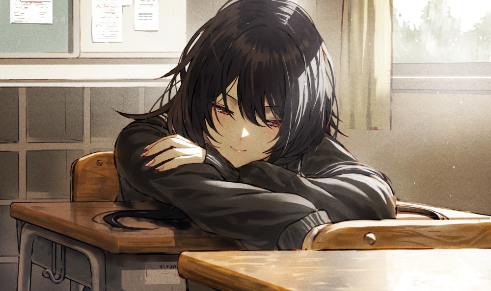 1girl, black_cardigan, black_hair, cardigan, chair, classroom, curtains, desk