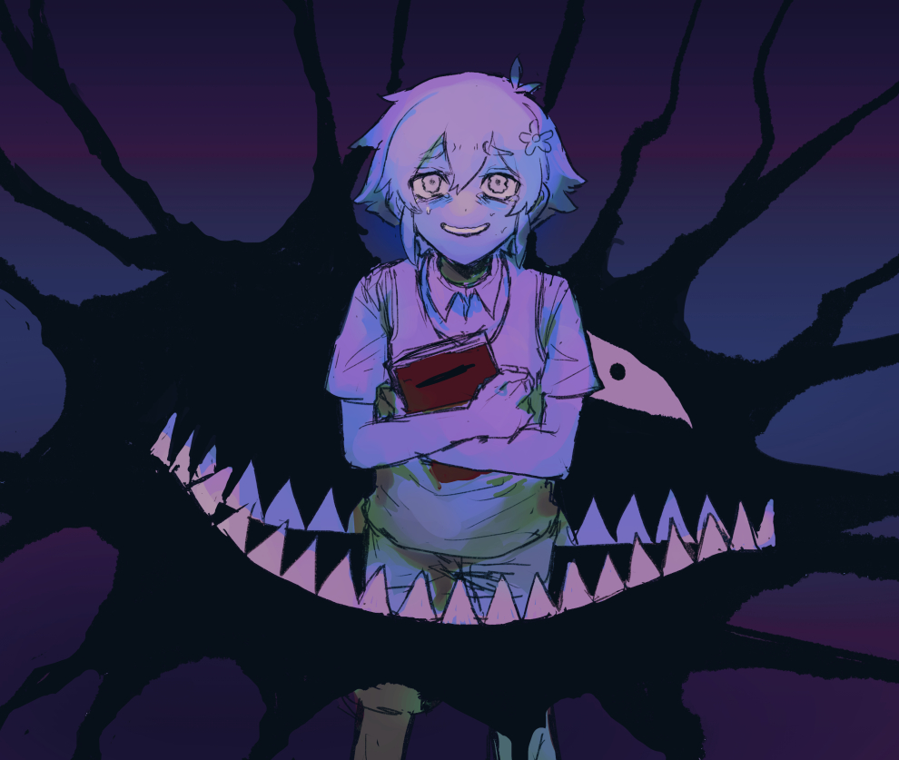 1boy, basil_(faraway)_(omori), basil_(omori), book, collared_shirt, crying, crying_with_eyes_open, flower