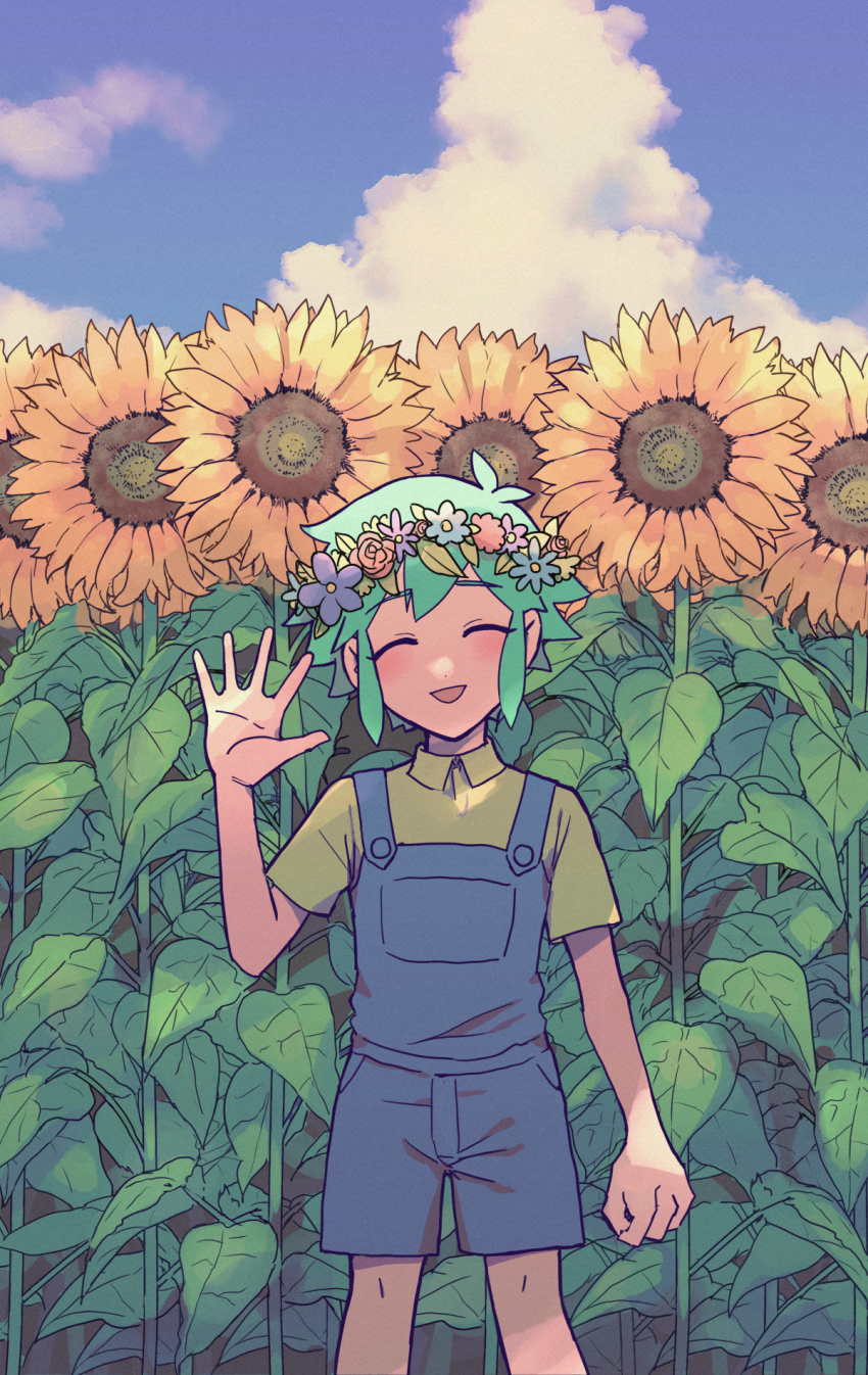 1boy, alternate_skin_color, basil_(headspace)_(omori), basil_(omori), blue_overalls, blue_sky, blush, closed_eyes