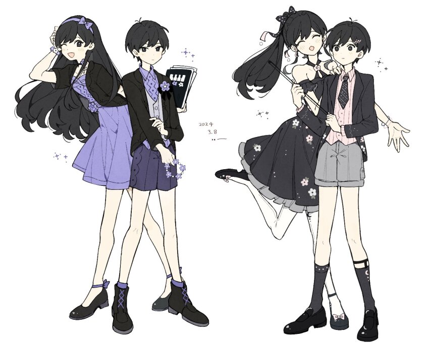 1boy, 1girl, alternate_costume, black_dress, black_eyes, black_footwear, black_hair, black_necktie