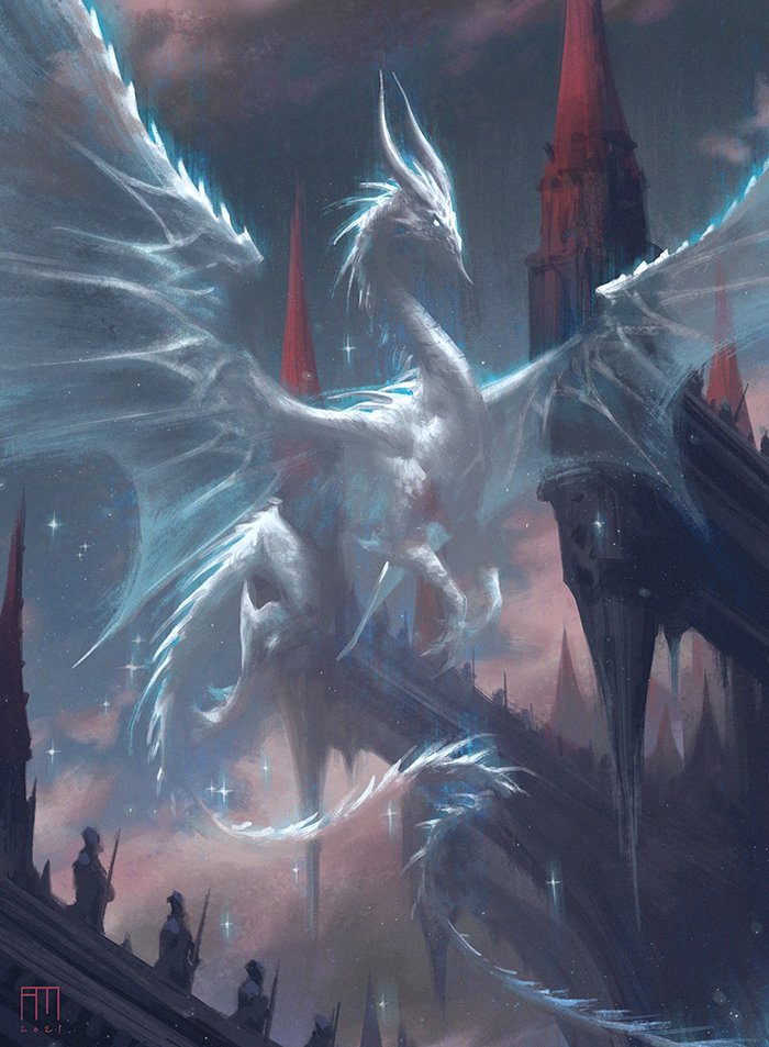 4others, andrewkmar, animal_focus, building, cloud, cloudy_sky, dragon, dragon_illusion_(magic:_the_gathering), fantasy, full_body, ghost, glowing, glowing_eye, horns, magic:_the_gathering, monster, multiple_others, official_art, outdoors, see-through_clothes, sky, solo, sparkle, tail, tower, western_dragon, wings