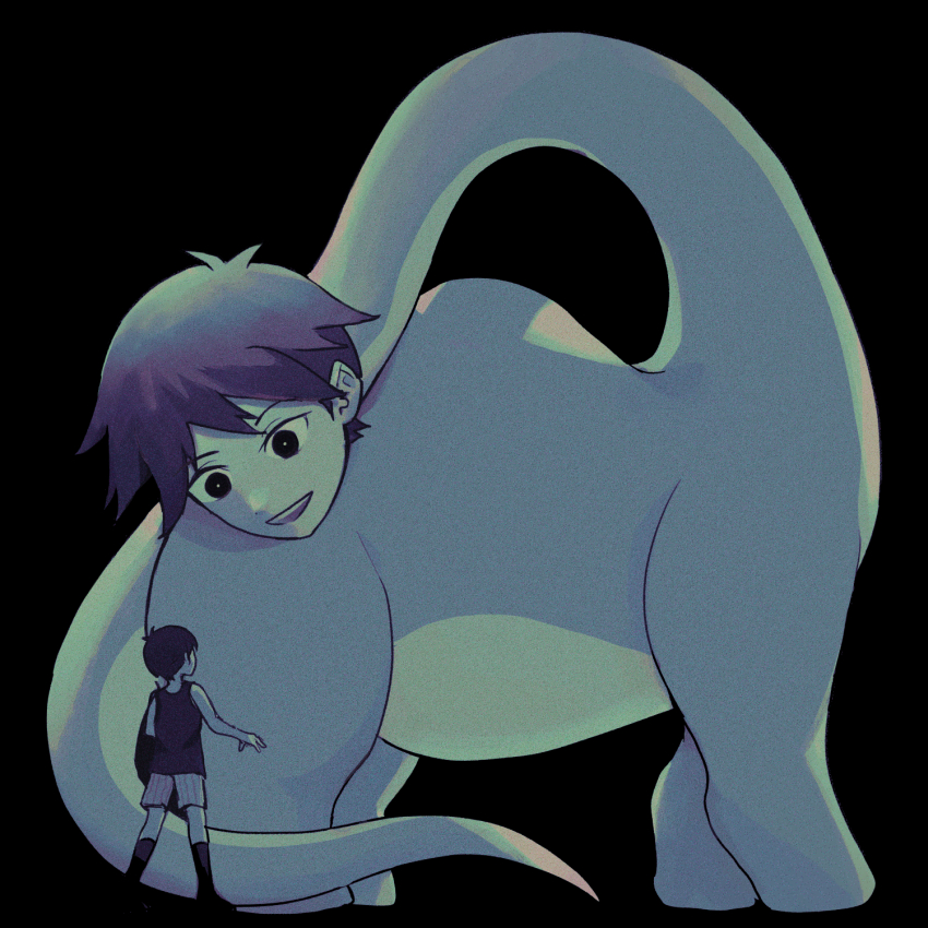 1boy, black_socks, black_tank_top, colored_skin, herosaurus_(omori), highres, kneehighs, looking_at_another, magiaigam, omori, omori_(omori), open_mouth, shorts, socks, standing, tank_top, white_shorts, white_skin