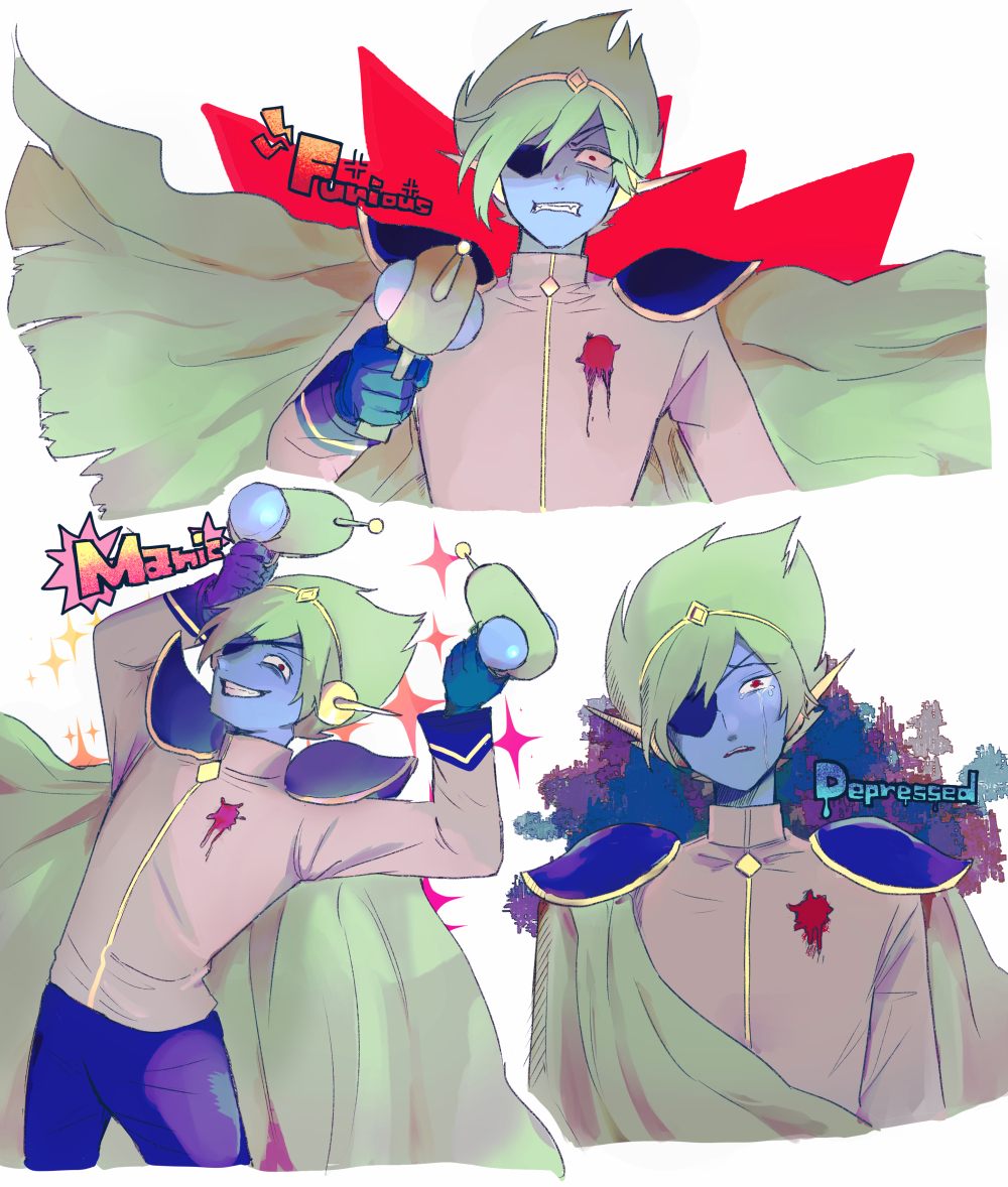 1boy, anger_vein, arms_up, blue_skin, captain_spaceboy, clenched_teeth, colored_skin, crying