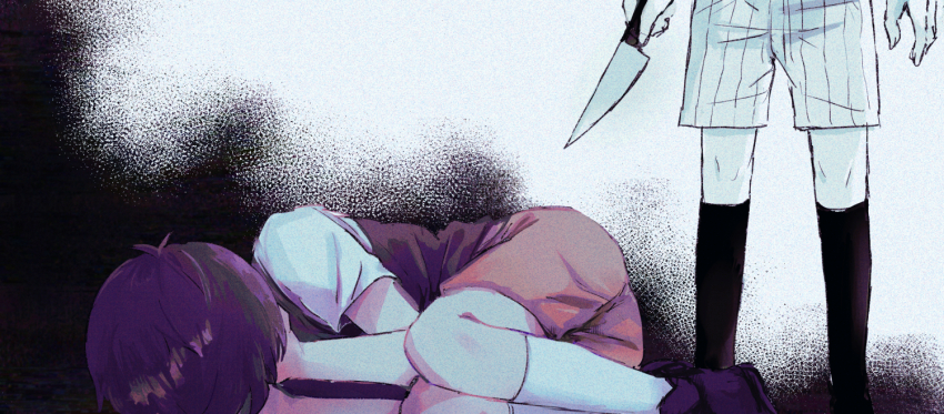 2boys, black_footwear, black_hair, black_socks, black_sweater_vest, brown_shorts, colored_skin, holding