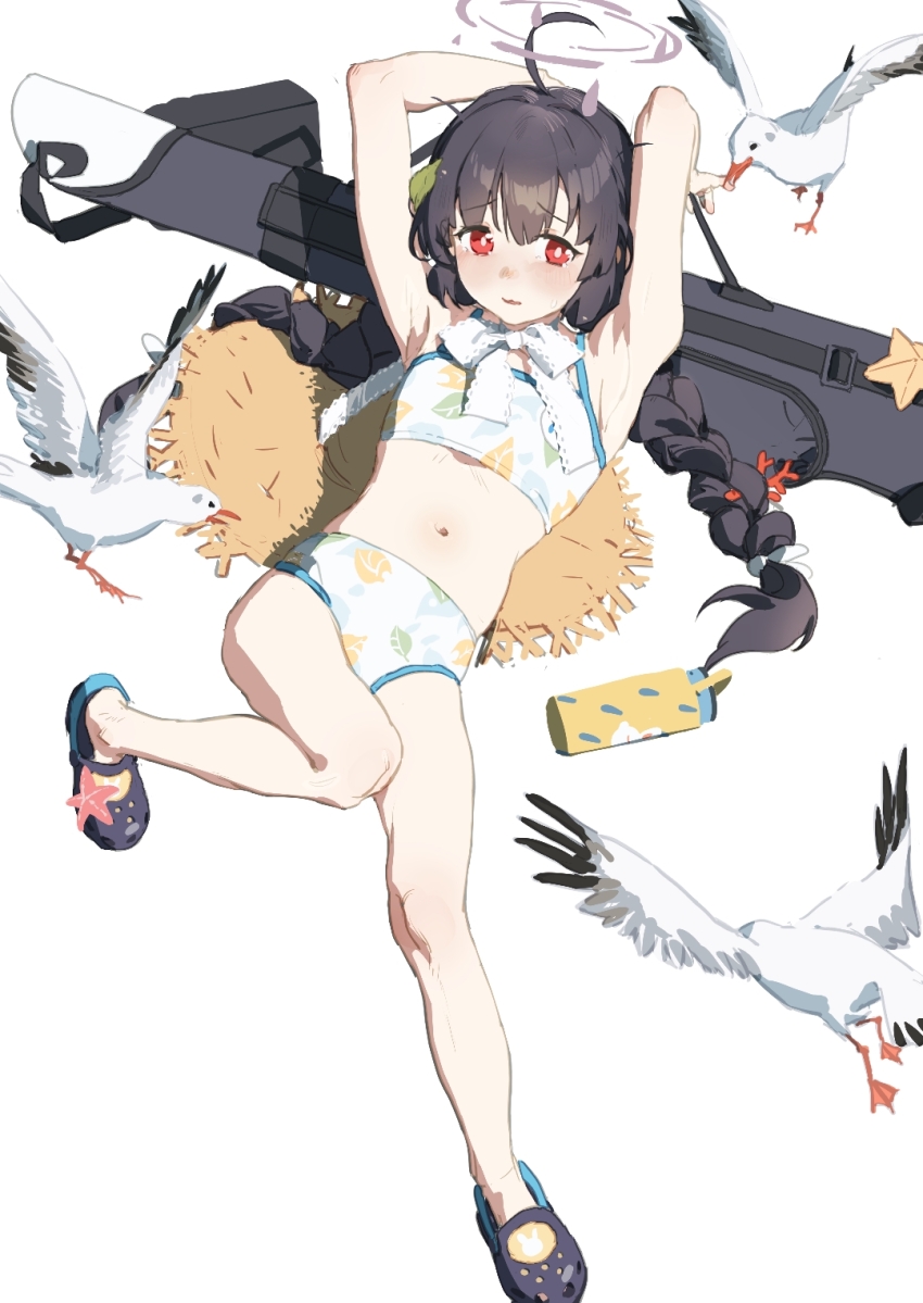 1girl, ahoge, armpits, arms_up, bikini, bird, black_hair, blue_archive