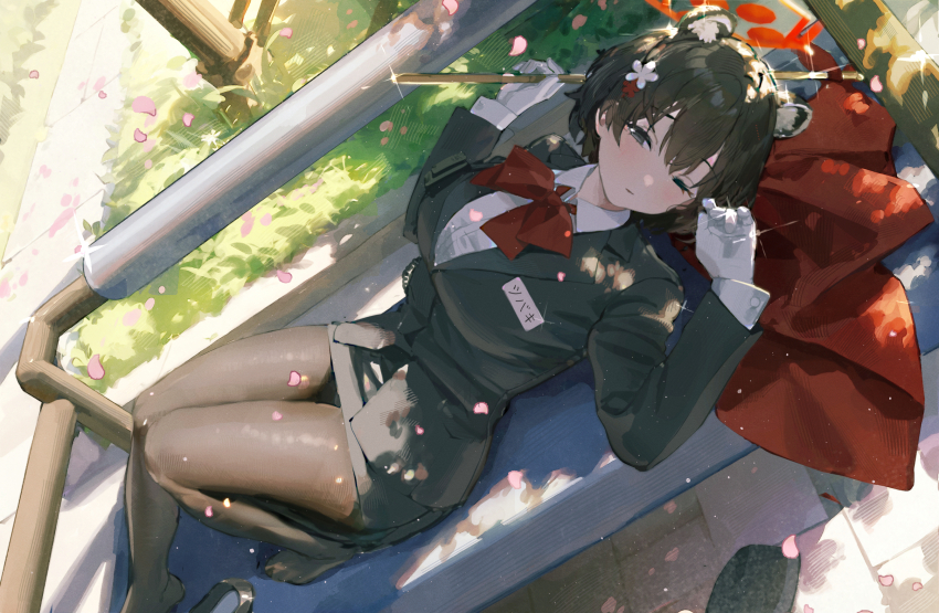 1girl, animal_ears, black_eyes, black_hair, black_pantyhose, black_skirt, black_vest, blue_archive