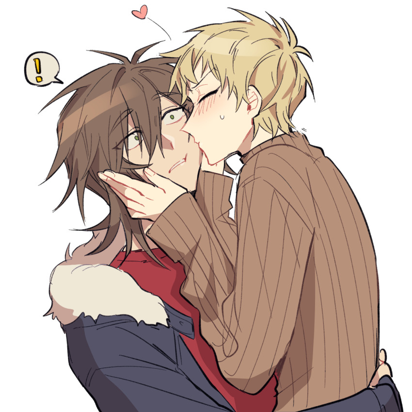 !, 2boys, atou_haruki, black_jacket, blonde_hair, blush, brown_hair, brown_sweater