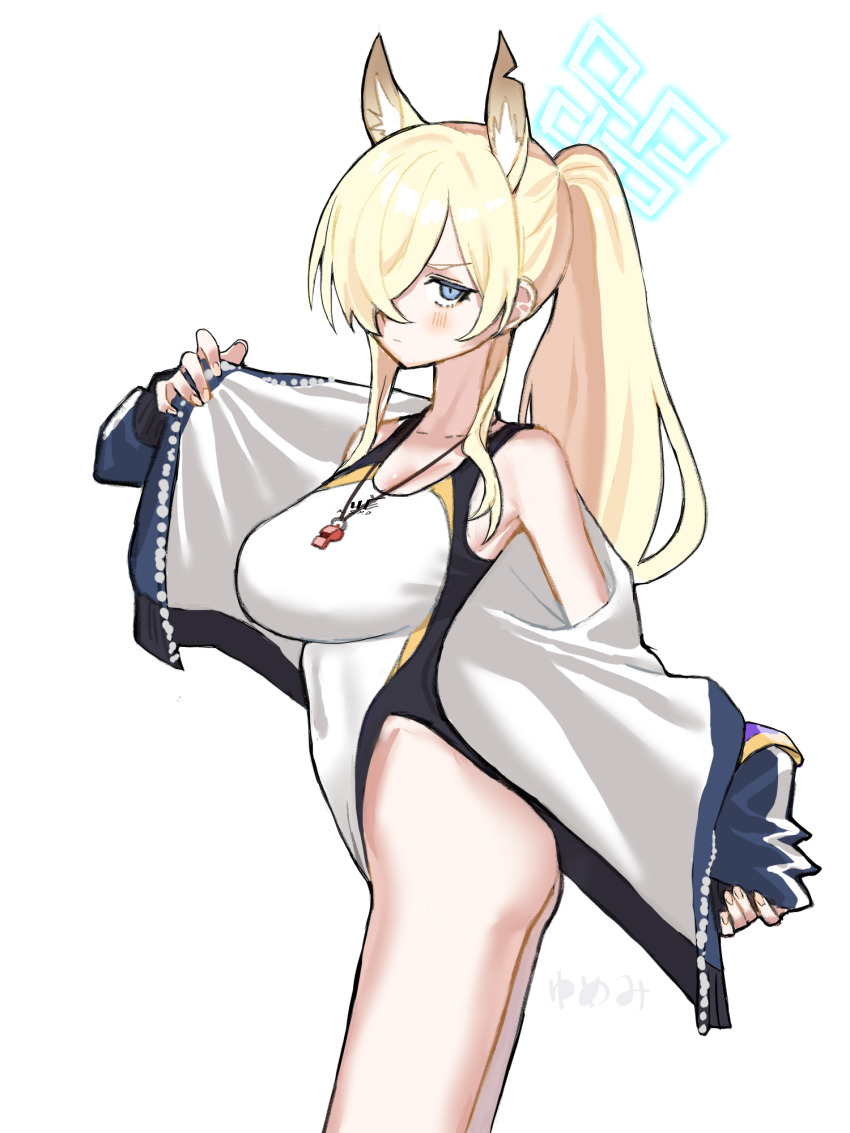 1girl, animal_ear_fluff, animal_ears, blonde_hair, blue_archive, blue_eyes, breasts, competition_swimsuit